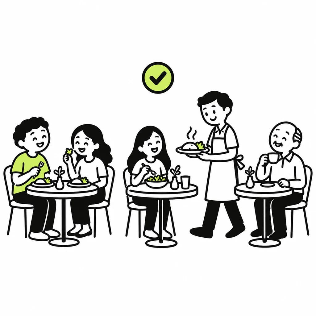 Several diners at restaurant tables. Any of them could be the guest.