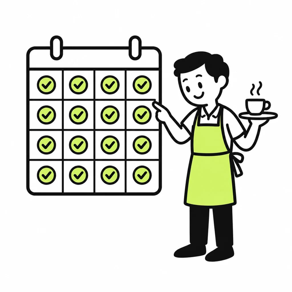 A wall calendar full of lime checks next to a happy waiter.