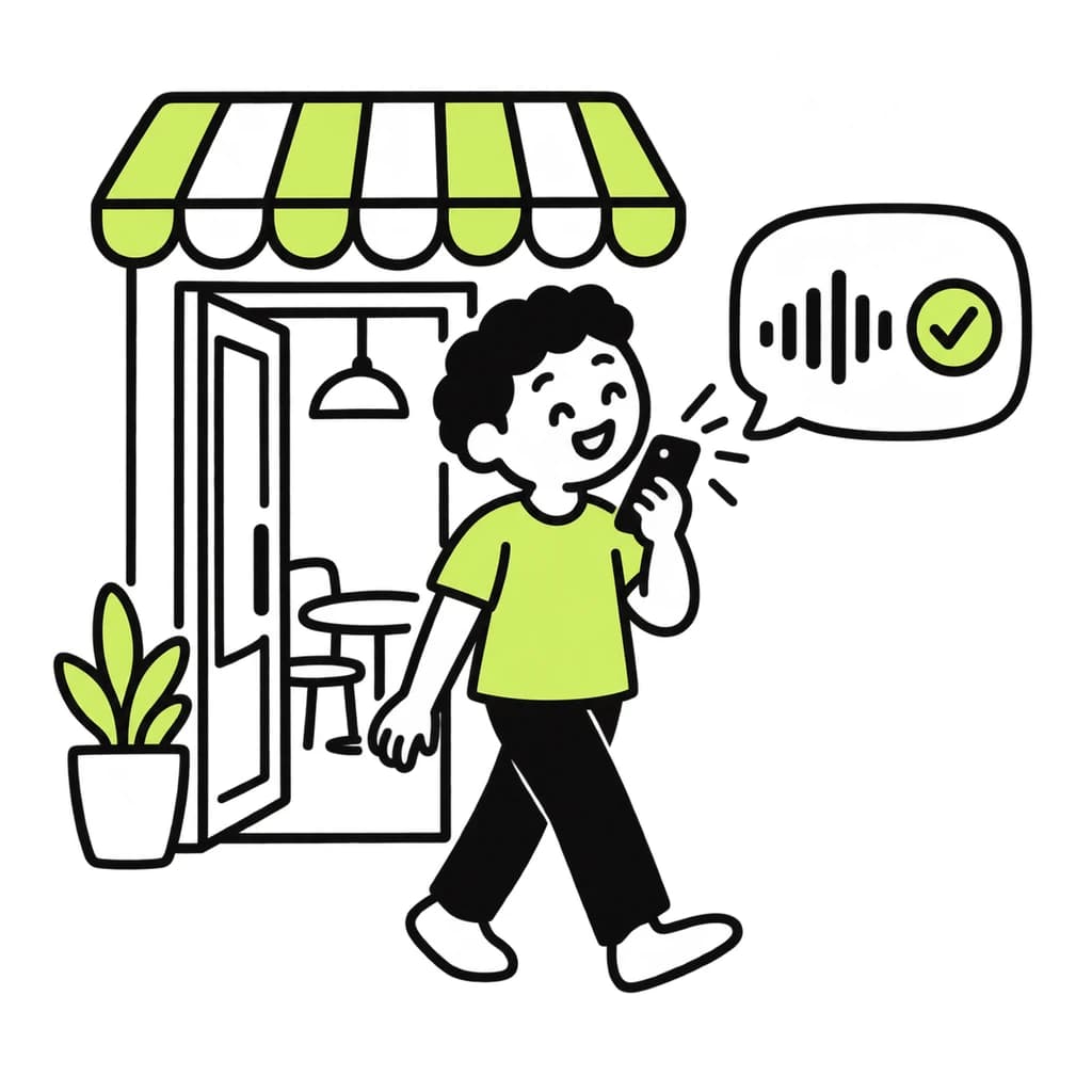 A guest eats, then records a voice note outside the restaurant.