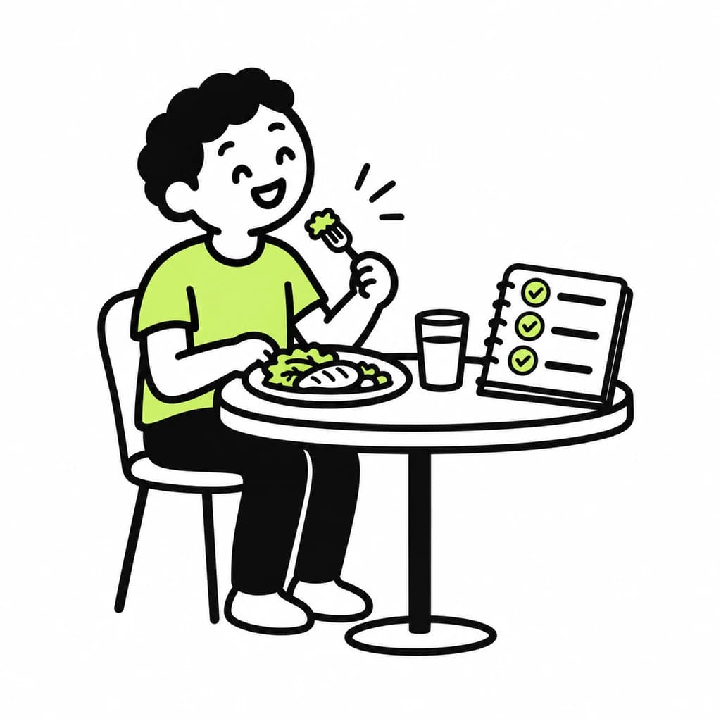 A happy guest eating, with a notebook of lime checks next to the plate.