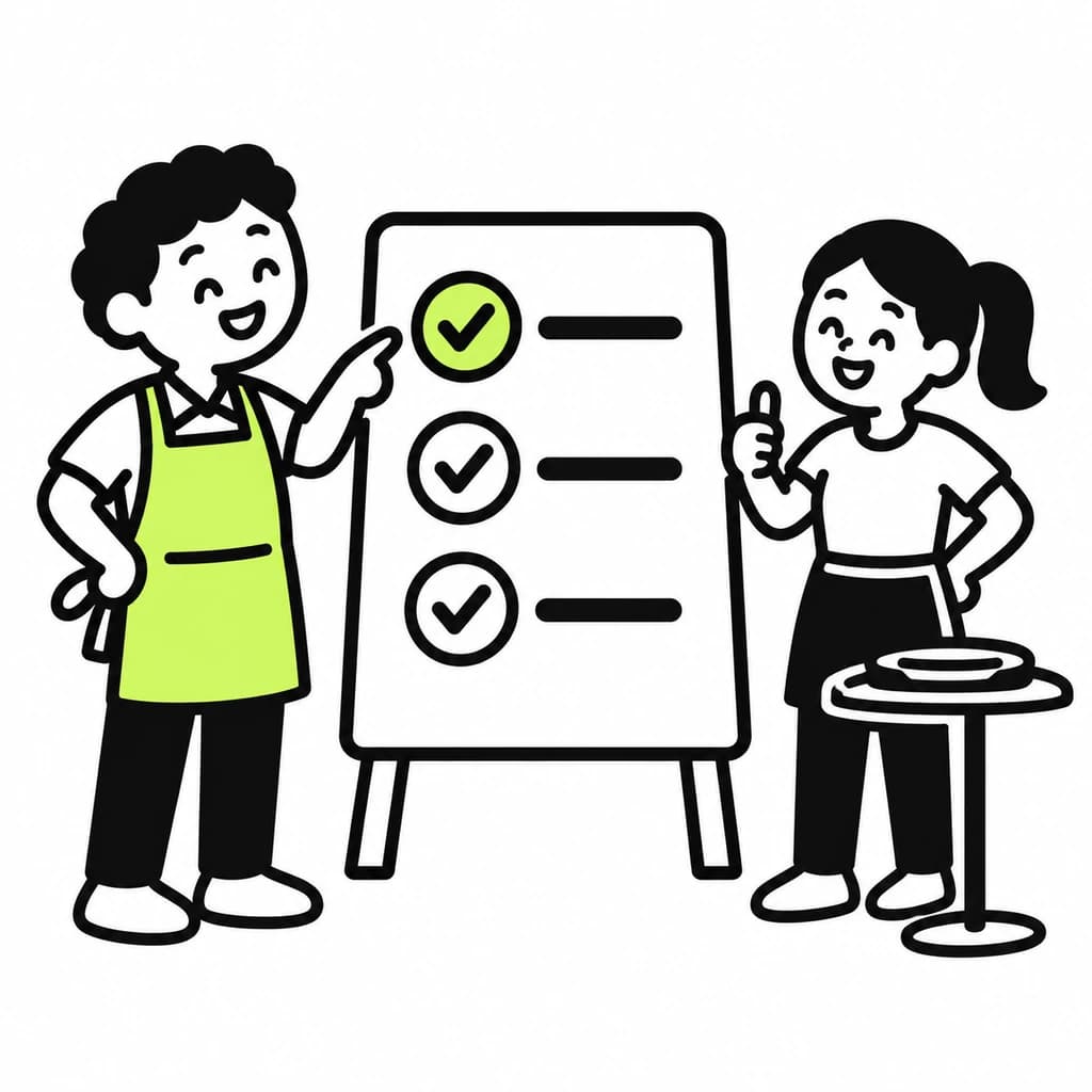 A restaurant owner and a waiter work through three checked tasks on a board.