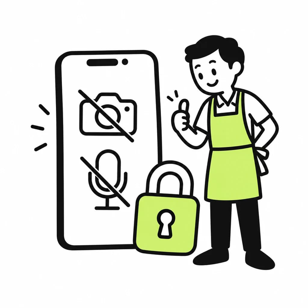 A phone with the camera and microphone crossed out, a padlock and a smiling waiter.
